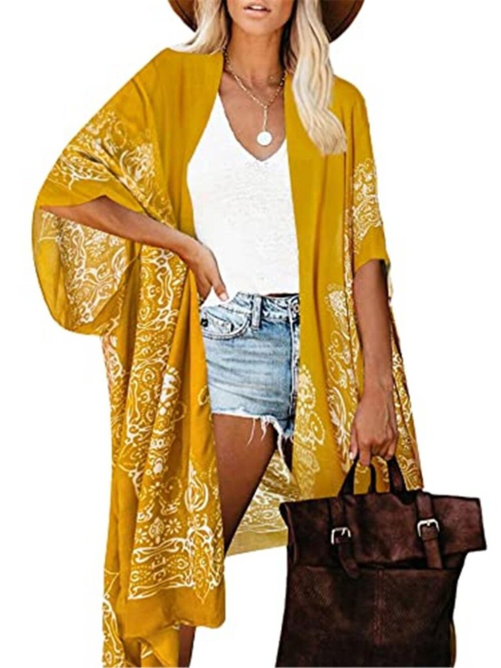 Womens Boho Kimono Cardigan Floral Beach Cover Up Lightweight Swimsuit Cover